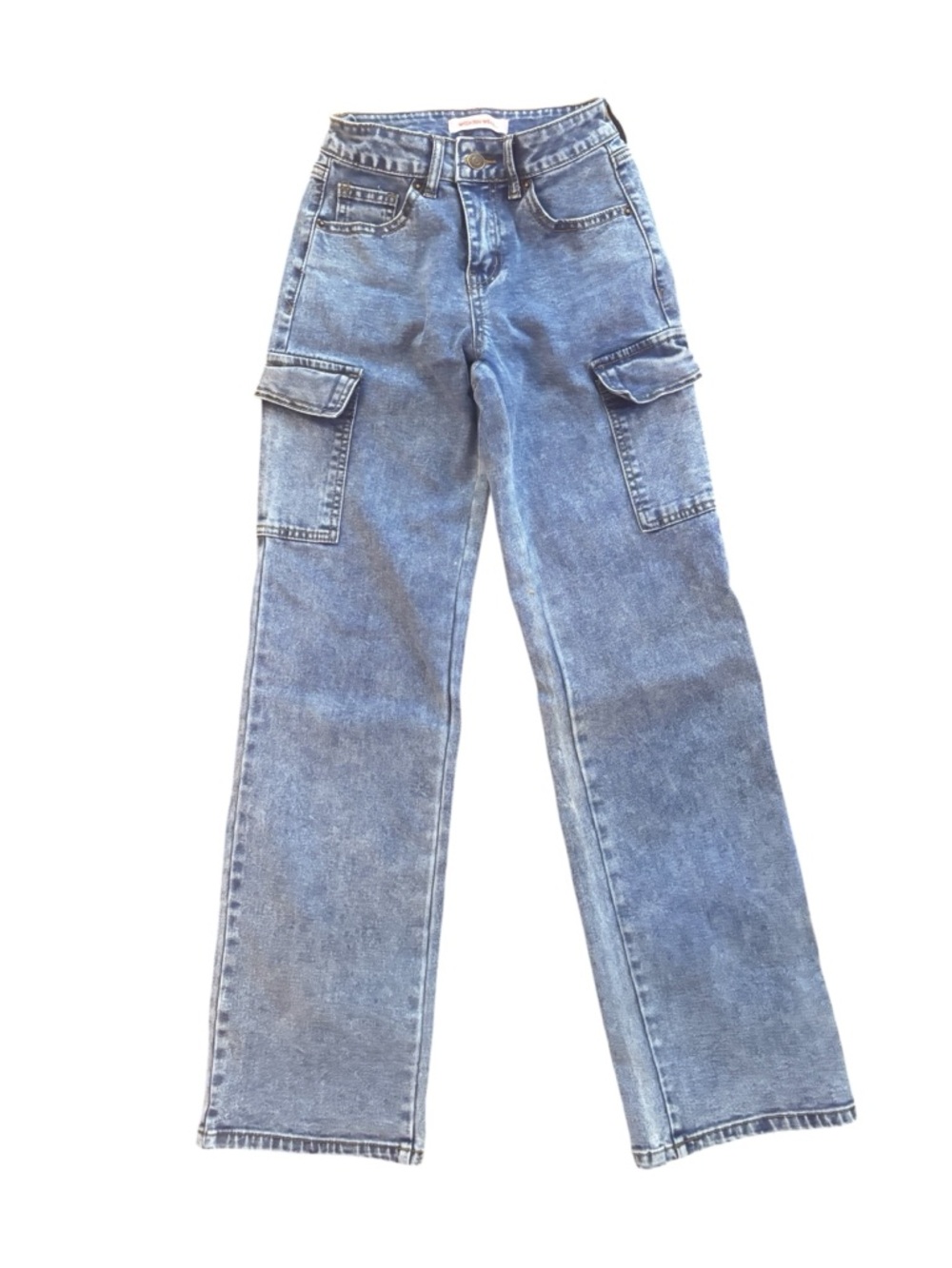 Wish You Well Denim Cargo Jeans Size 0 High Rise Straight Leg Light Wash Y2K